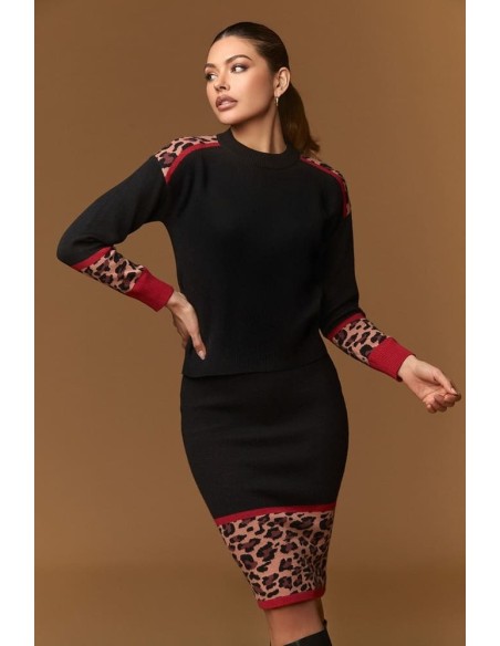 Falda Minueto Winehouse negra de punto con bajo de leopardo, vista frontal