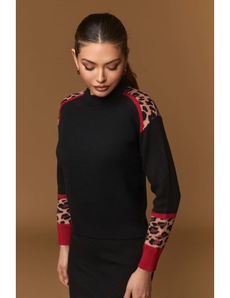 Jersey Minueto Amy negro con detalles de leopardo, vista frontal