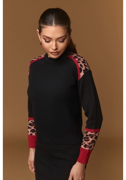 Jersey Minueto Amy negro con detalles de leopardo, vista frontal Jersey Minueto Amy negro con detalles de leopardo, vista frontal
