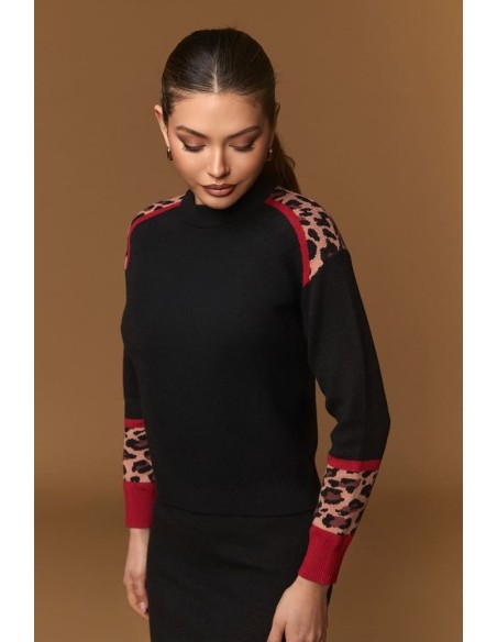 Jersey Minueto Amy negro con detalles de leopardo, vista frontal