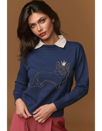 Jersey Minueto Keel azul con perro de tachuelas, vista frontal