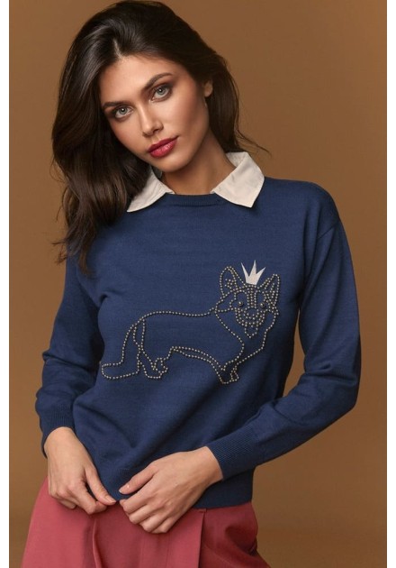 Jersey Minueto Keel azul con perro de tachuelas, vista frontal Jersey Minueto Keel azul con perro de tachuelas, vista frontal