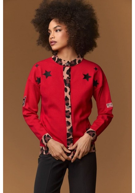 Cardigan Minueto Queen rojo con estrellas, vista frontal Cardigan Minueto Queen rojo con estrellas, vista frontal