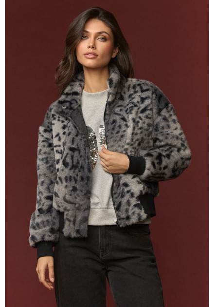 Chaqueta Minueto Diana gris de pelo leopardo, vista frontal Chaqueta Minueto Diana gris de pelo leopardo, vista frontal